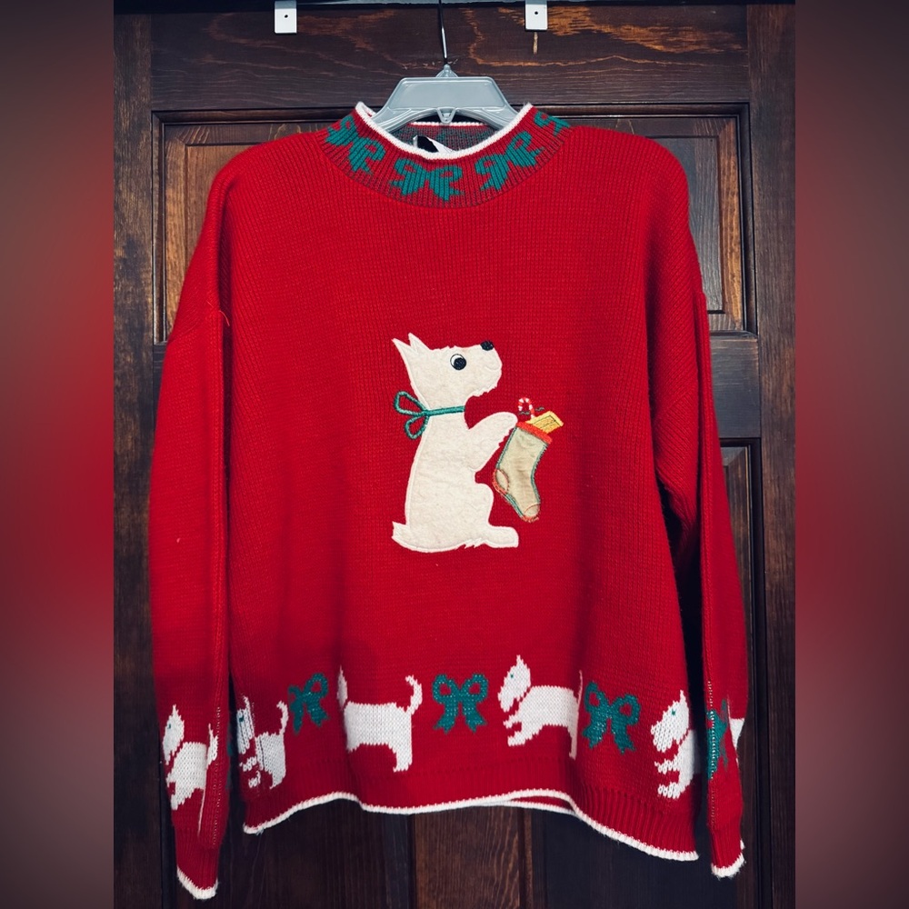 Vintage Christmas Sweater Scottie Dog Scottish Terrier Red White Green Large USA